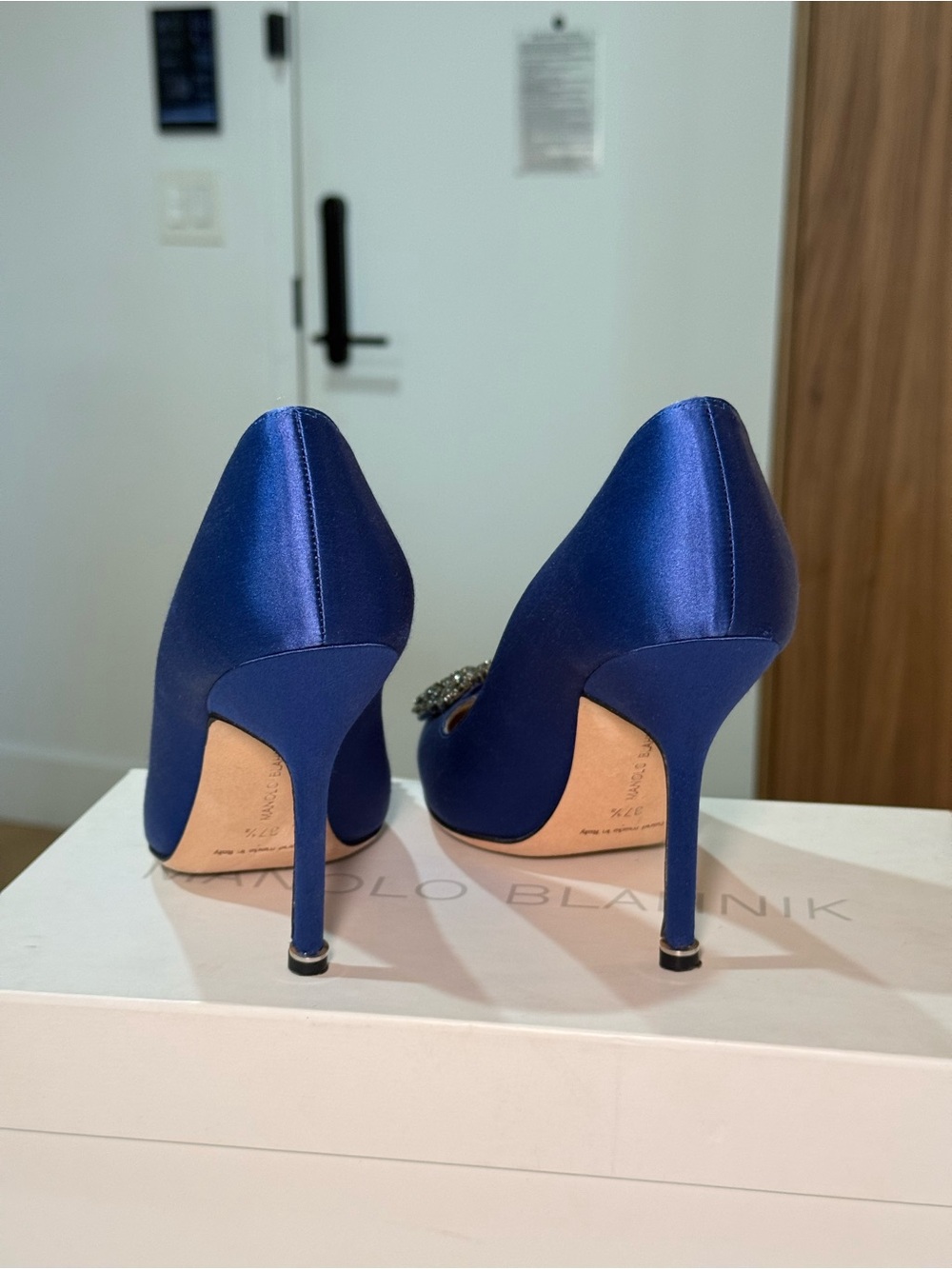 Manolo Blahnik Royal Blue Satin Crystal-Embellished Pointed Pumps - Picture 5 of 7